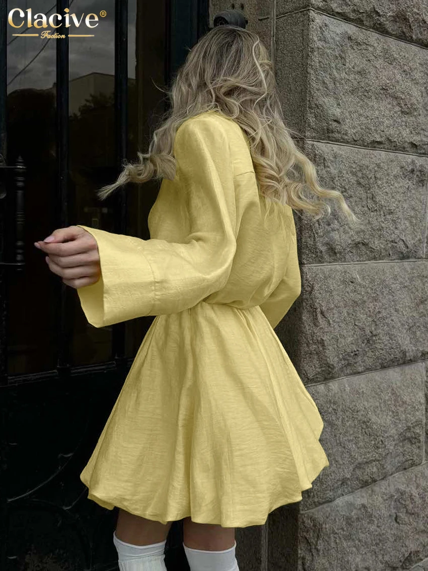 Clacive Fashion Loose Yellow Women\'s Two Pieces Set 2025 Elegant Long Sleeve Shirt With High Waist Pleated Mini Skirt Set Female