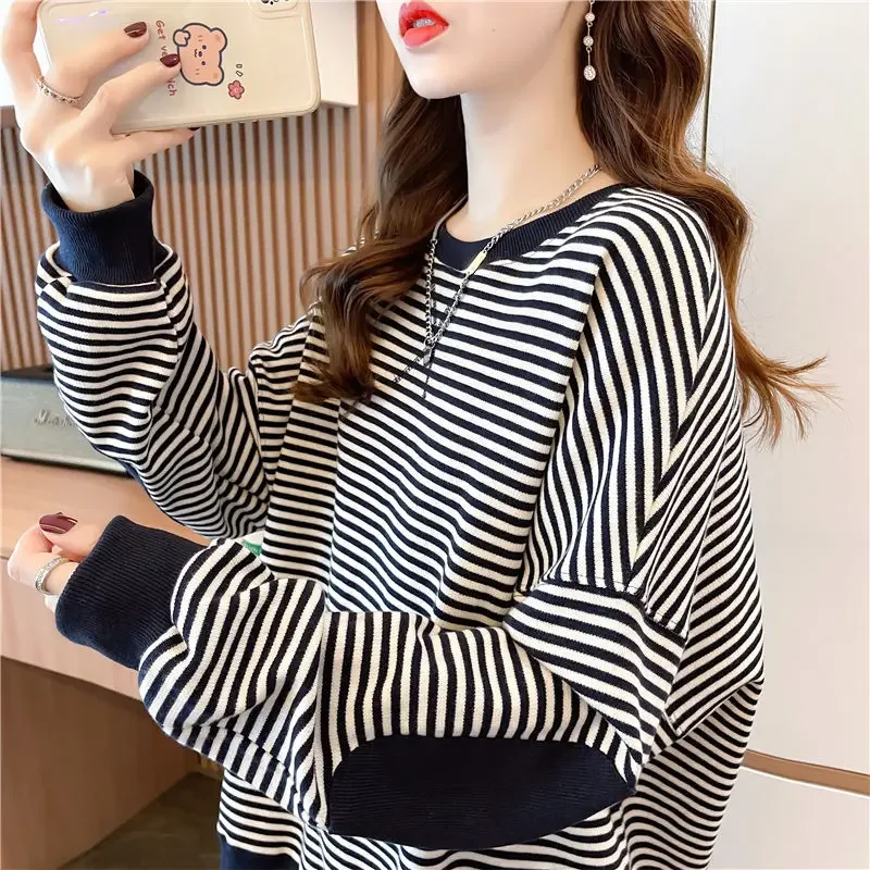 

Fashion O-Neck Spliced All-match Korean Striped Blouse Women's Clothing Autumn Loose Casual Pullovers Commute Shirt JJ89