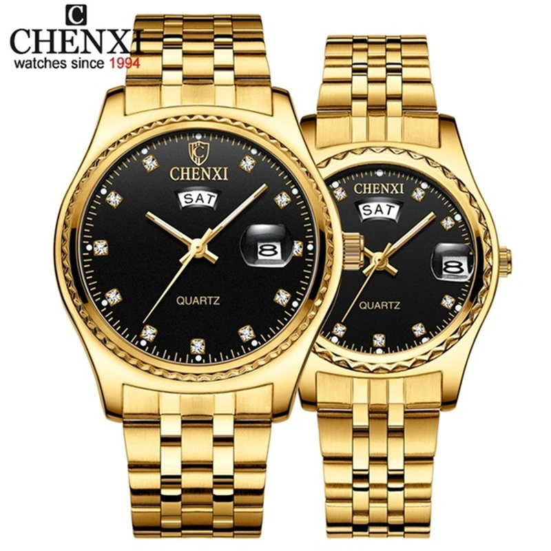 Fashion Chenxi Top Brand 8204a coppia di lusso al quarzo dorato in acciaio inossidabile orologio Casual impermeabile regalo per orologio da donna e da uomo