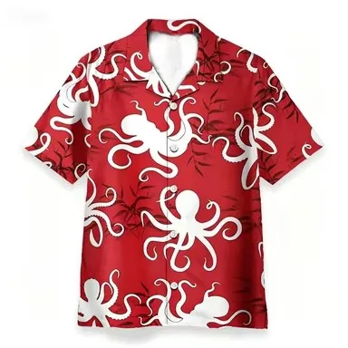 Marine AnimalsShirts Men Women Red Octopus Graphic Lapel Button Shirts Summer Casual Cartoon Shark Funny Blouse Top