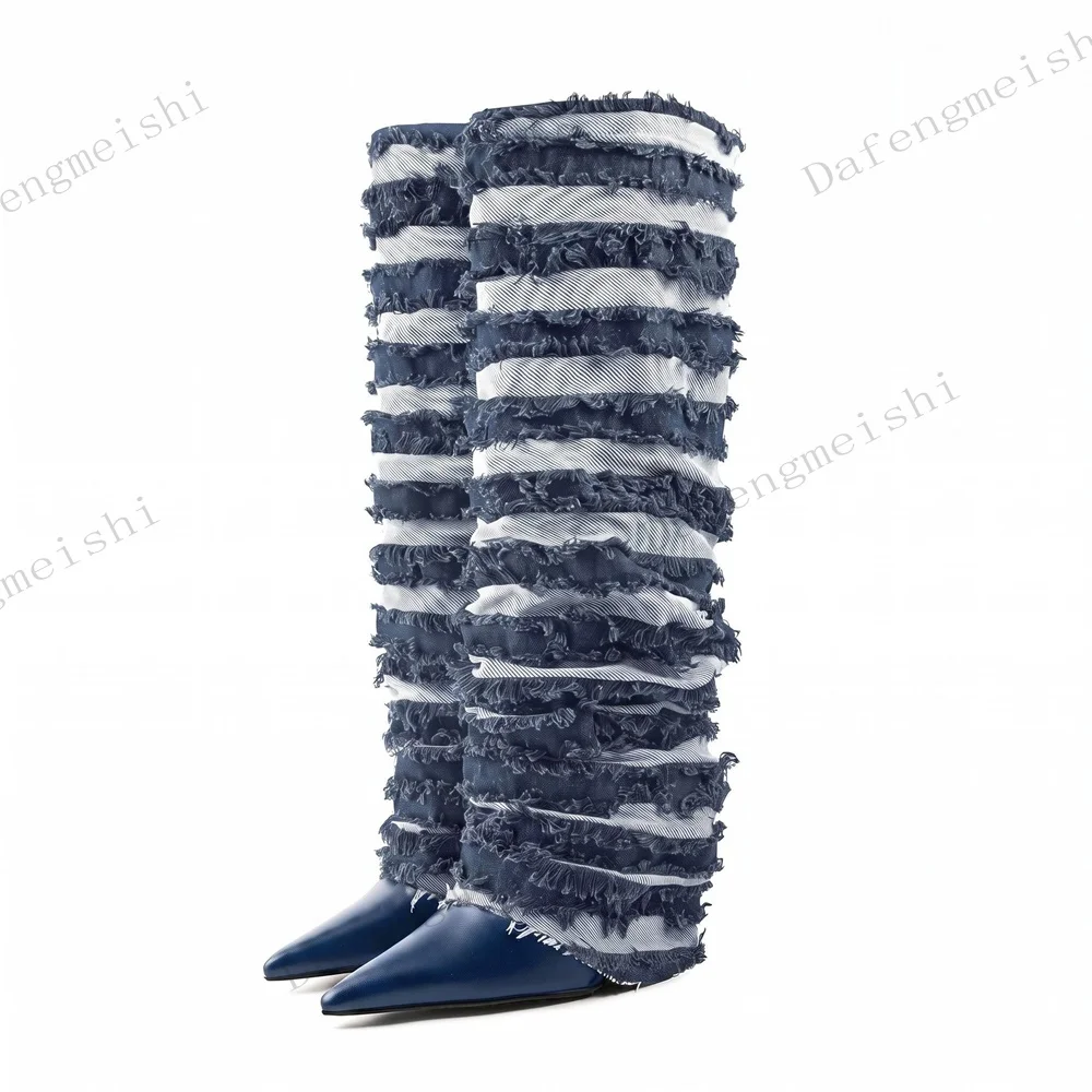 Women Blue Denim Fringe Knee High Boots Pointed Toe Wedges Heel Striped Frayed Layered Fashion Boots 2026 Winter Newest Boots