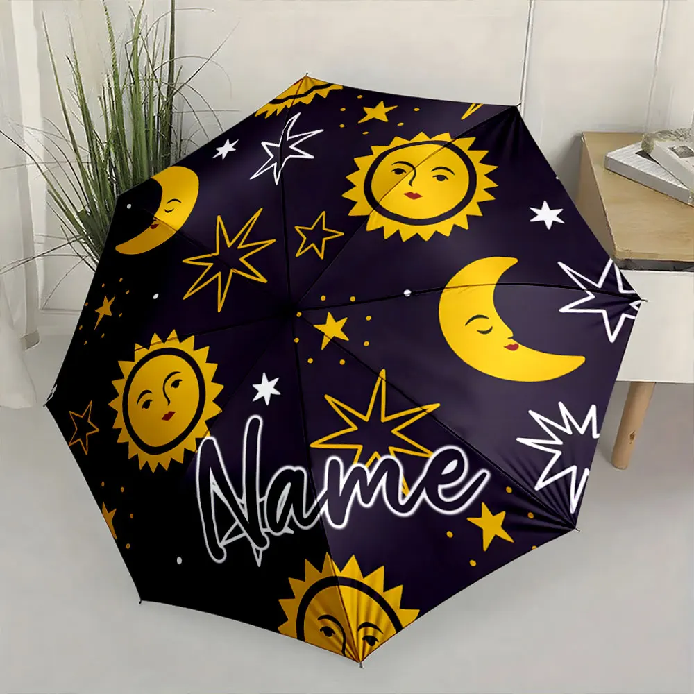 Custom Name Umbrella Sun and Moon Themed Umbrella Design Print 8 Iron Ribs Folding Umbrella Auto-Open Fashion Sunshade