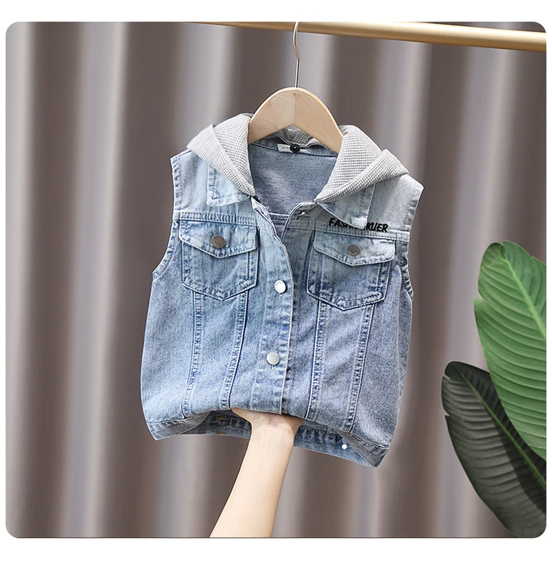 Baby Jungen Lässige Jeansweste mit Kapuze Neue Kinder Designer Modekleidung Outfit Kinder Ärmellose Jacke Hoodie Weste 2-9 Jahre – Detail 7