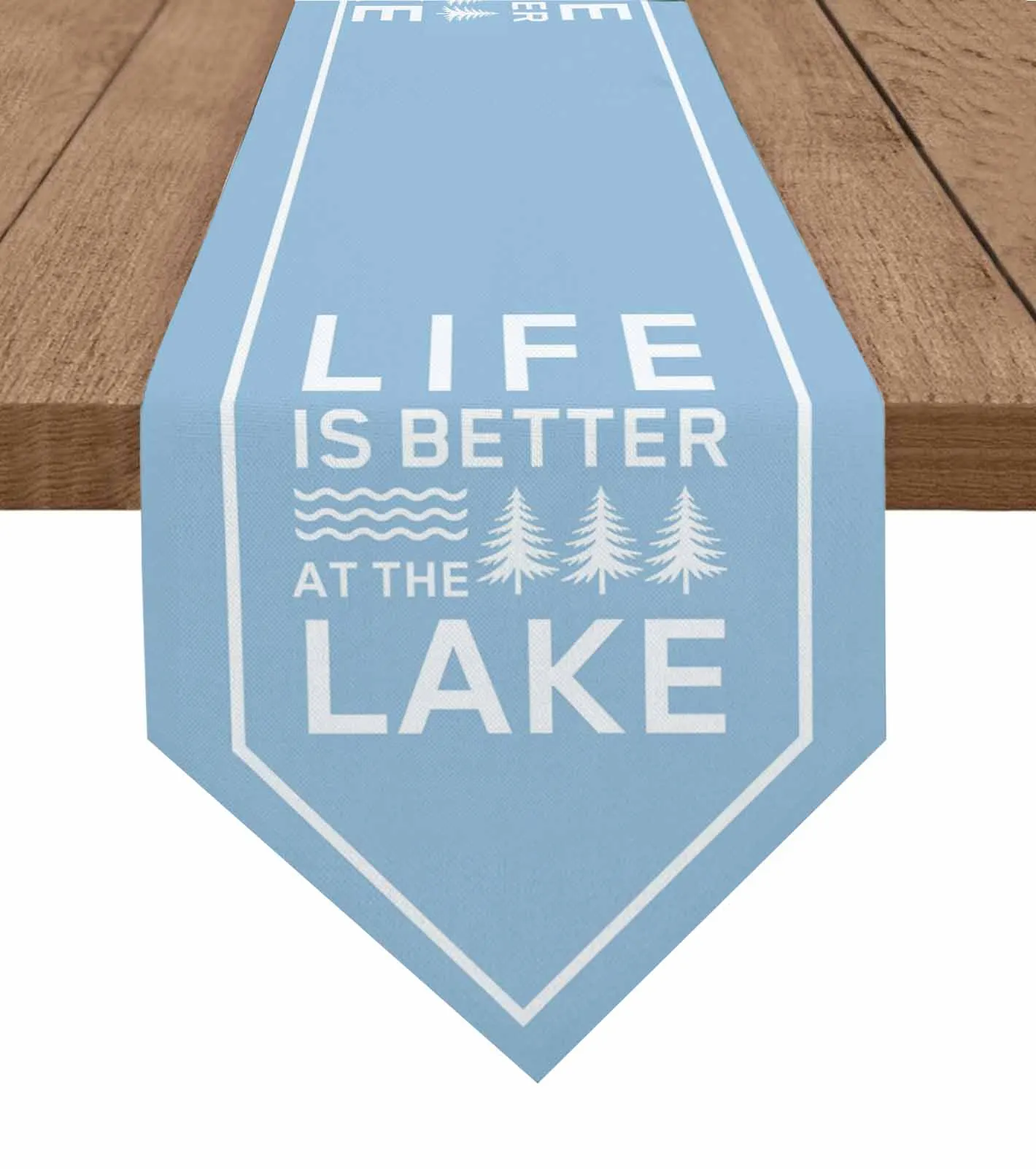 

Blue LIFE IS BETTER AT THE LAKE Table Runner Cotton Linen Wedding Table Decor Tablecloth Kitchen Decor Table Cover