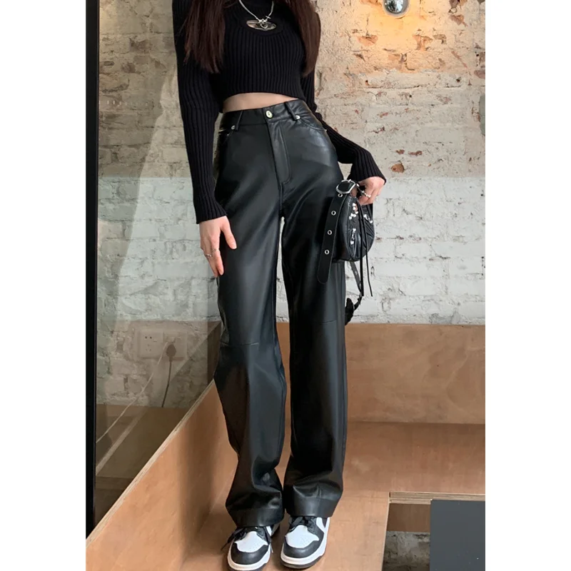 Calça feminina preta de couro vintage, calça reta de cintura alta, moda streetwear americana, perna larga casual, 2023, 2023