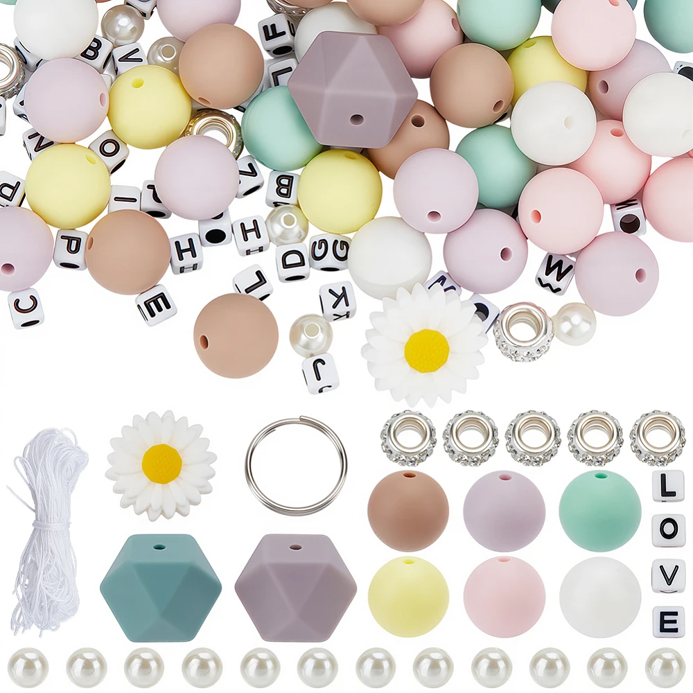 420Pcs Round Focal Beads Keychain Making Bead Kit with Thread Colorful Flower Rhinestone Acrylic Pearl Split Keyrings for Car
