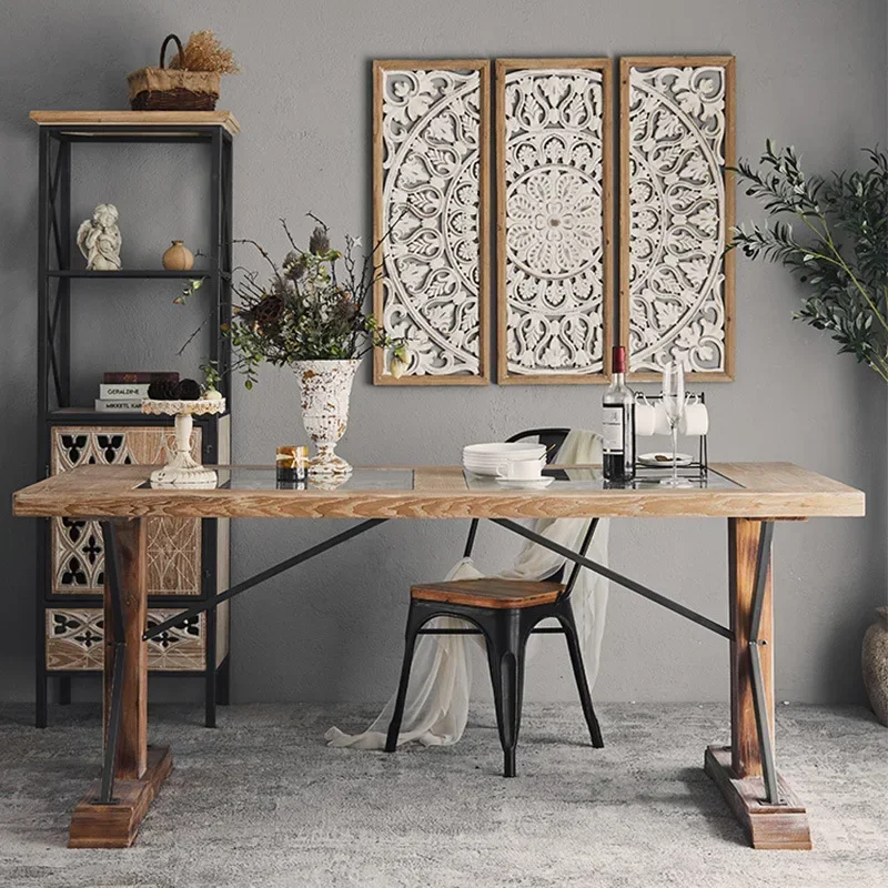 American industrial style retro old carved rectangular dining table