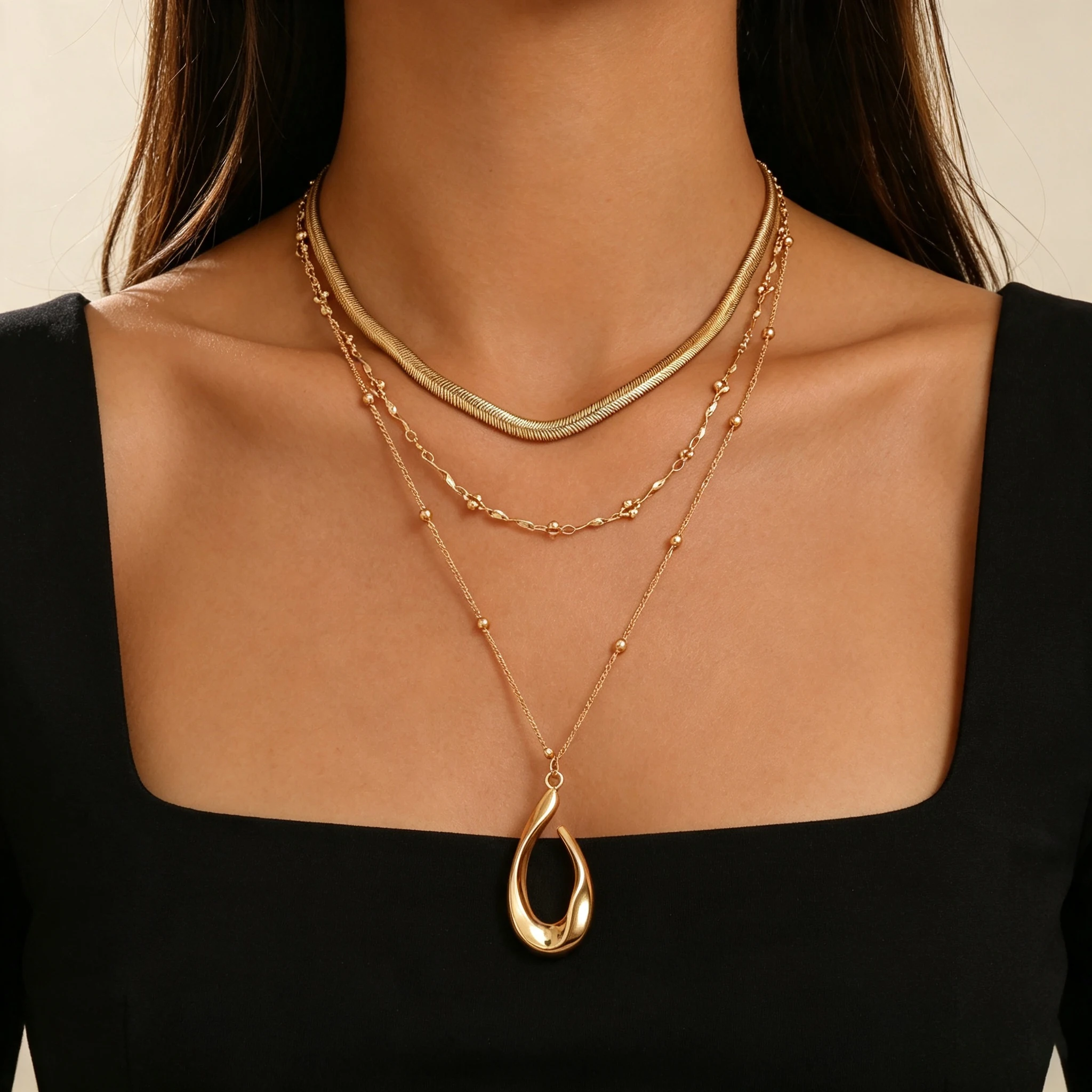 Gold Layered Necklace for Women Snake Chain Beaded Link Chain Abstract Teardrop Pendant Multi‑strand Daily Party Neck JewelGift