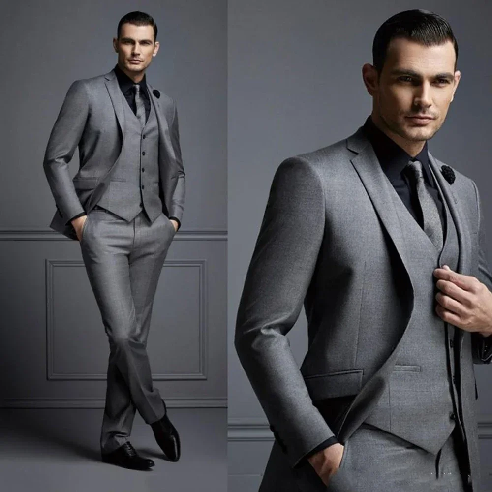 

Smart Casual Solid Men Suits 3 Piece Set Gray Formal Notch Lapel Single Breasted Male Suit Elegant Groom Wedding Tuxedo 2024