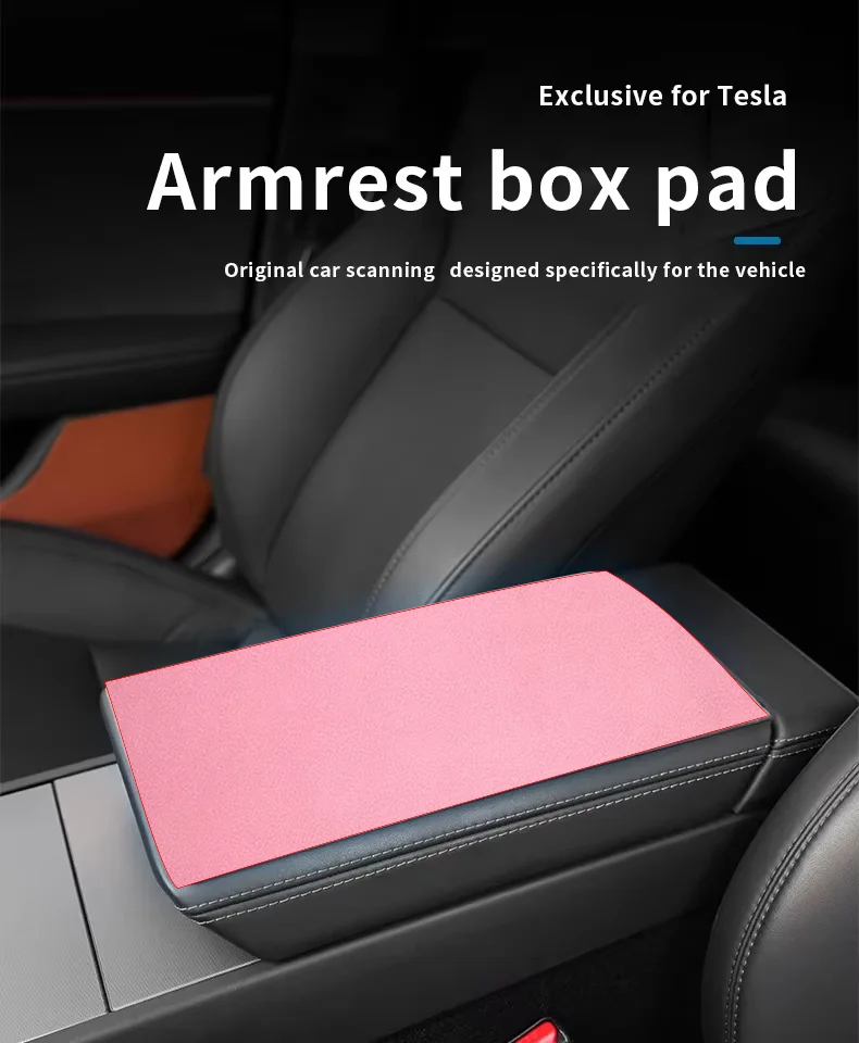 Carbon Flash Center Console Cover - Pink Suede Anti-Slip Armrest Pad for Tesla Updated 3/Y