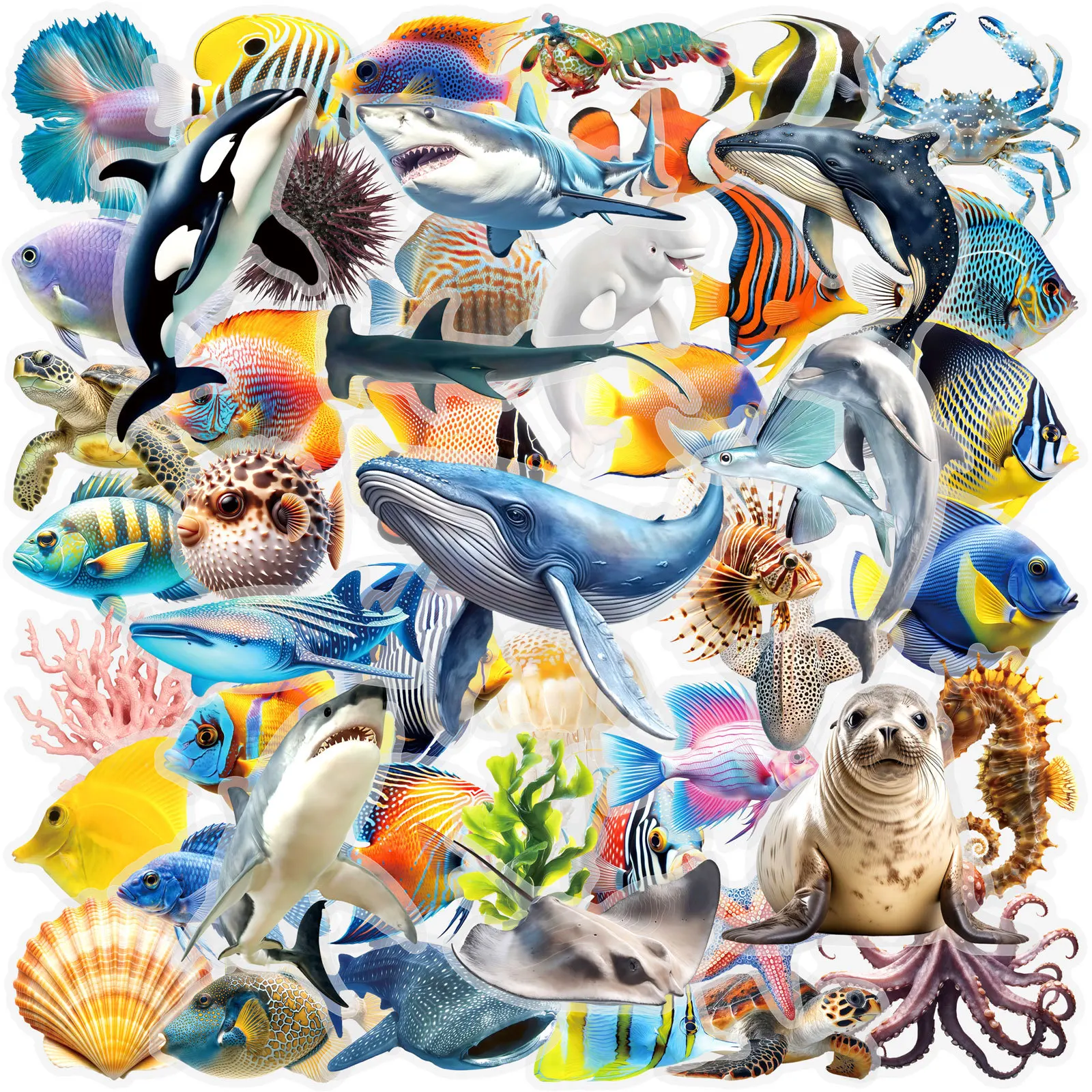 

50Pcs Colored Sea Fish Cartoon Sticker Aesthetic Hand Accounting Transparent Decoration Decals DIY Scrapbooking Supplies Decals