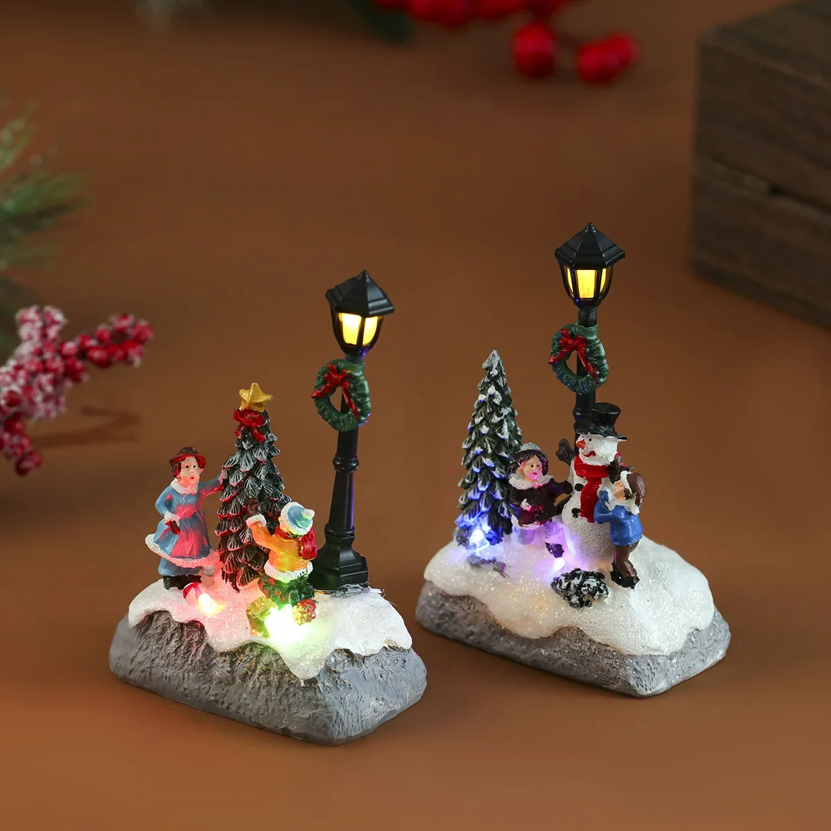 LED Glowing Christmas Village Resin Figurines Ornament Christmas Tree House Building New Year Figurine Christmas Decorations
