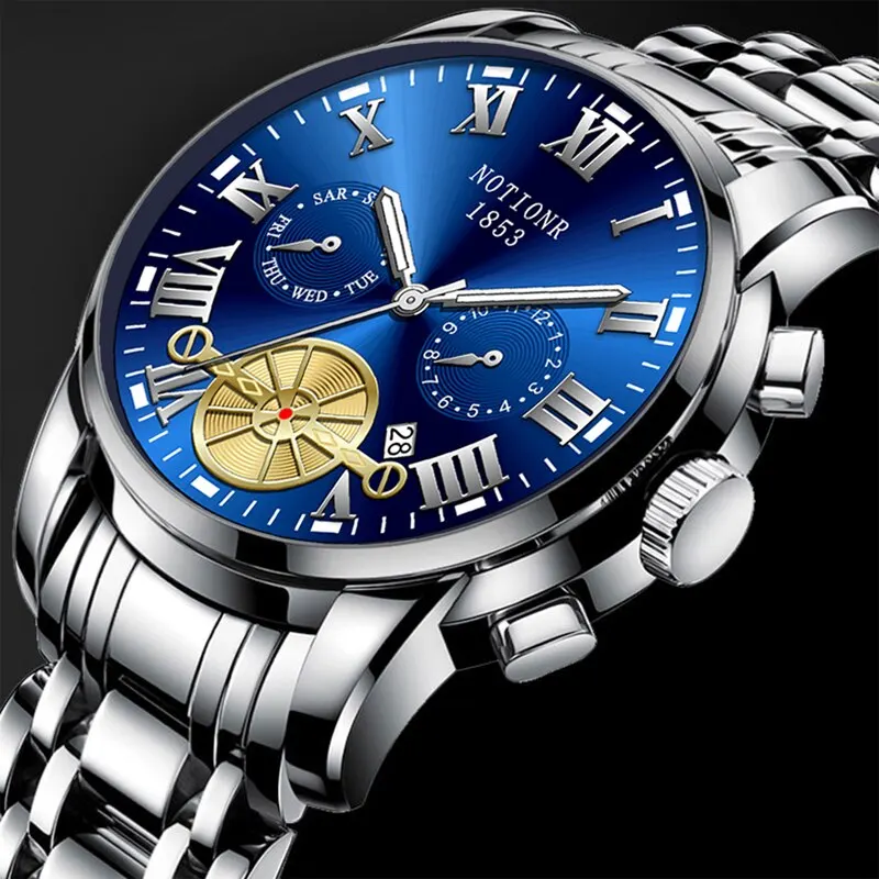 Luxury Fashion Mens Watches Luminous Waterproof Silver Stainless Steel Watch Men Date Calendar Business Quartz Wrist Watch