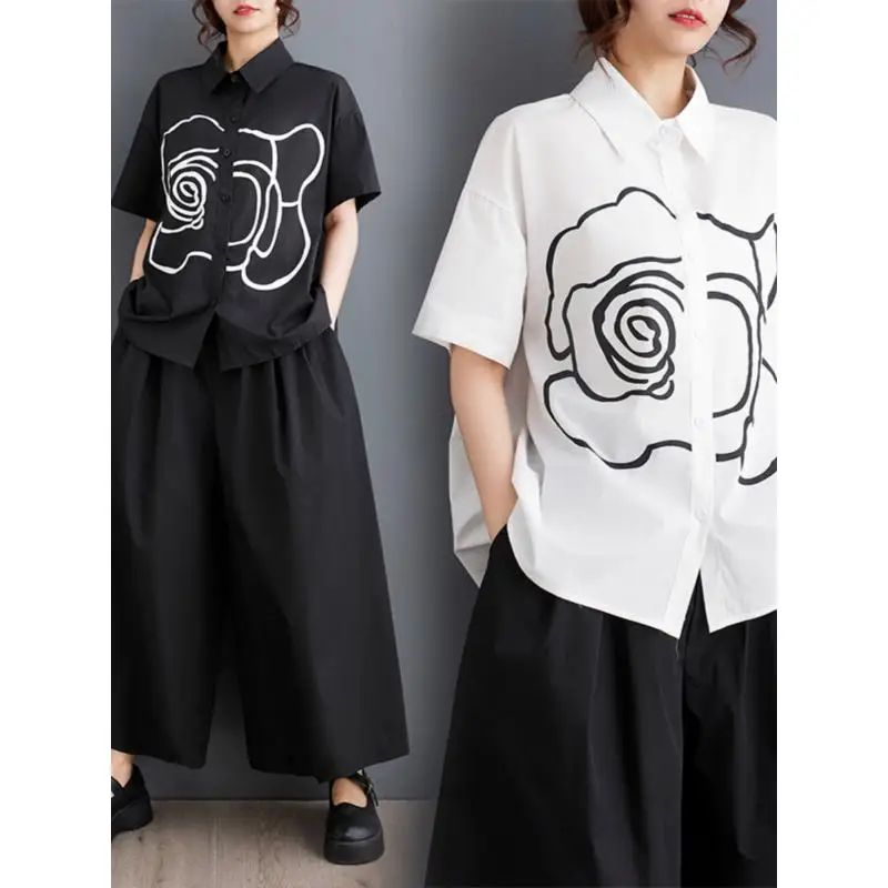 GetSpring قميص نسائي 2025 لربيع وصيف جديد بسيط حلو بأكمام قصيرة بلوزة بيضاء وسوداء موضة كل مباراة بلوزات غير رسمية فضفاضة