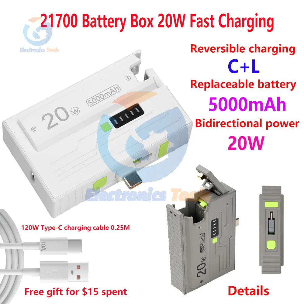 

1 Section 21700 Battery Box DIY Power Bank Case USB Type-C 20W Fast Charging Power Bank Box Dual Mode Suppors Small Current