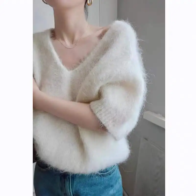 

Spring Autumn Loose Women's Knitted Sweater ort Sve V-Ne Vintage Sle Casual Comfortable Camere Top Faionable