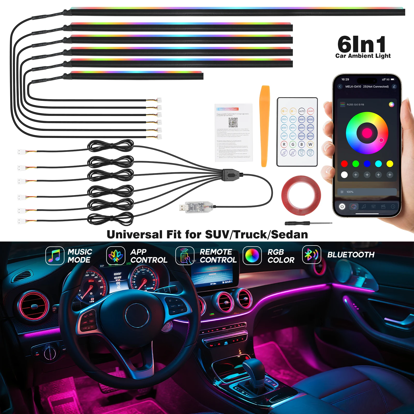 

BEVINSEE 6IN1 RGB Car Ambient Light Acrylic Neon Strip LED Interior Lamp APP Remote Control USB 12V Universal Auto Decor