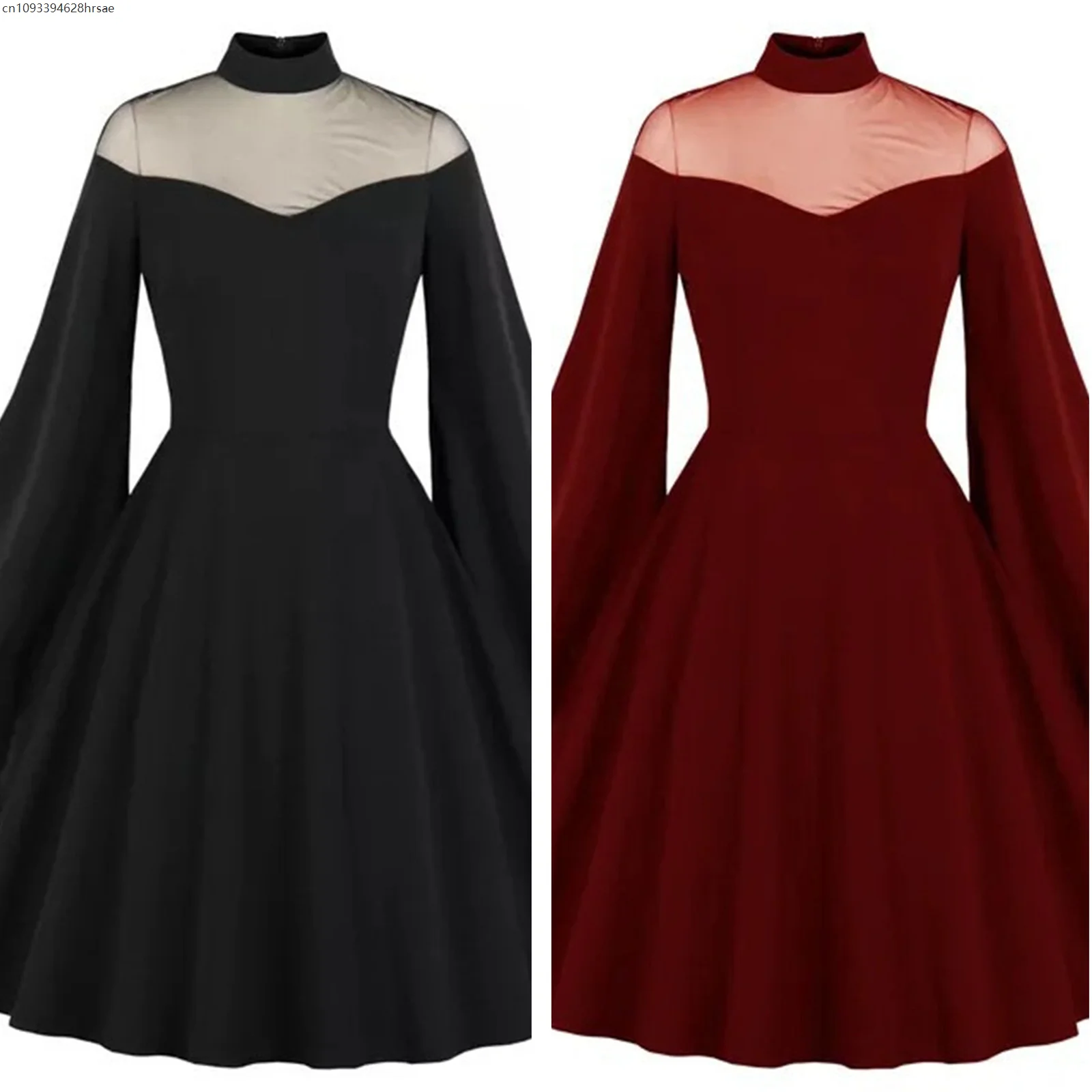 

Medieval Retro Long Sleeved Mesh Dress Women Gothic Bell Vintage Dresses Halloween Cocktail Wedding Evening Party Suit