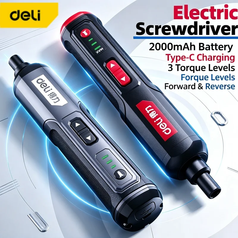 DELI Electric Screwdriver 4V 2000mAh 3 Speed Torque Adjustment Manual Automatic Dual Mode Power Screwdriver for Home Repair Kit