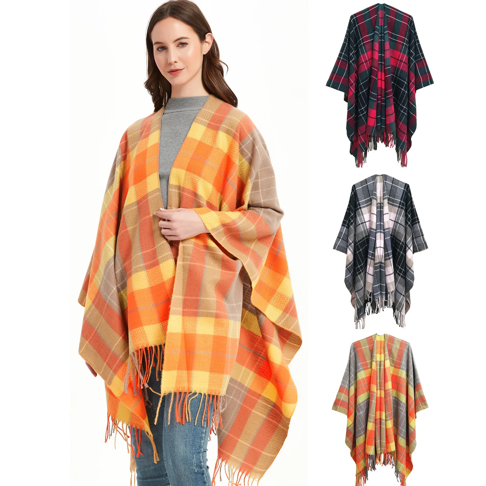 

Imitation Cashmere Women Spring Autumn Double sided Plaid Split Shawl Warm Fashionable Street Poncho Lady Capes Yellow Cloaks