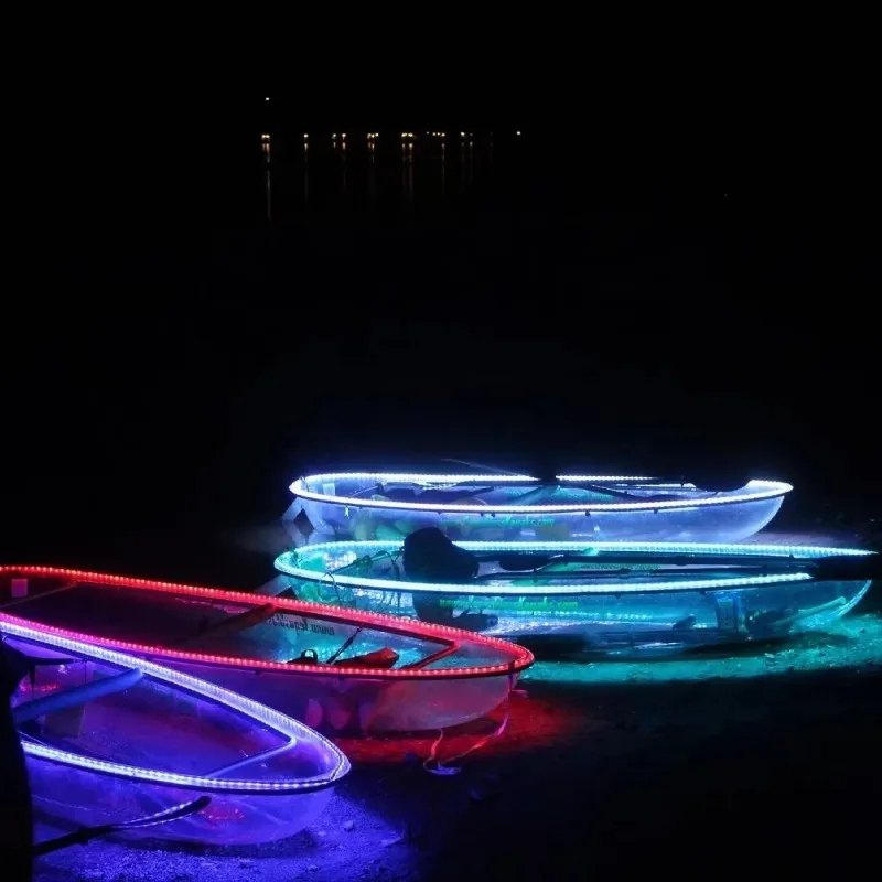 2.44m/3m/3.36m Double PC Transparent Kayak with LED Lights, Waterproof Clear Bottom Boat for Outdoor Sightseeing