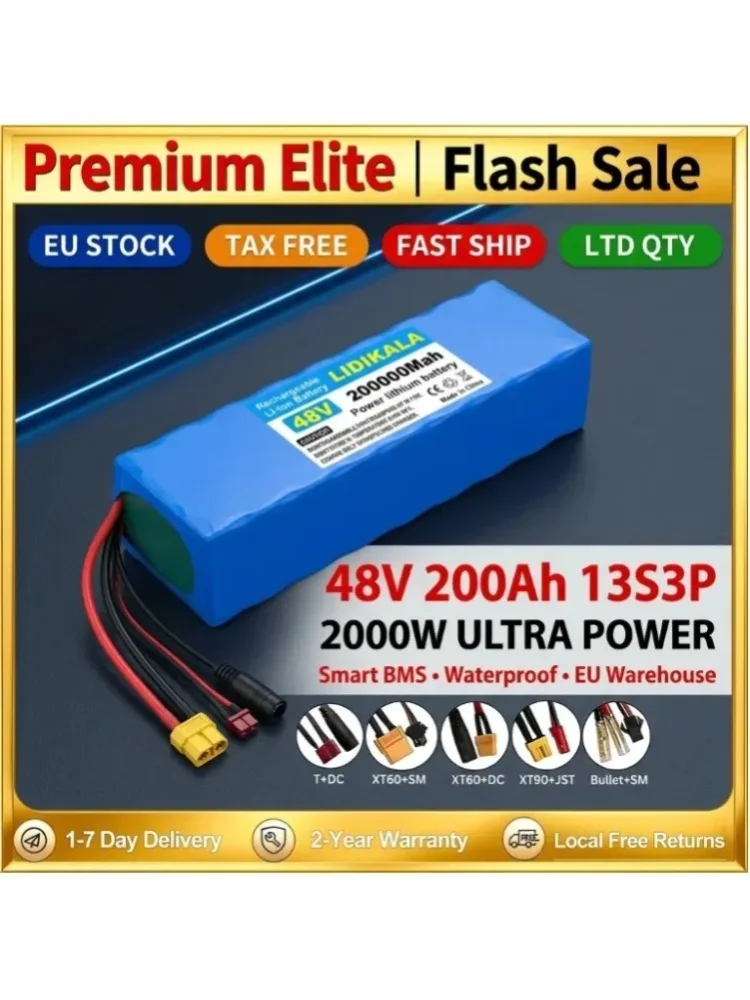 Neuer 48V 200Ah 13S3P 18650 Lithium-Ionen-Akku, geeignet für 54,6V Elektro-Erwachsenenroller, mit BMS+54,6V-Ladegerät, 500W-2000W Hochleistungs-Motorenentladung.