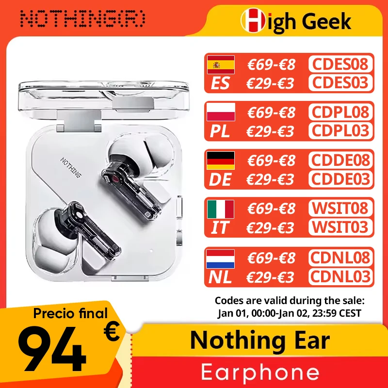 Nothing Ear 45dB Active Noise Cancellation ANC 11mm Driver 24-bit Hi-Res Audio with LDAC & LHDC Up to 40.5 hours of listening