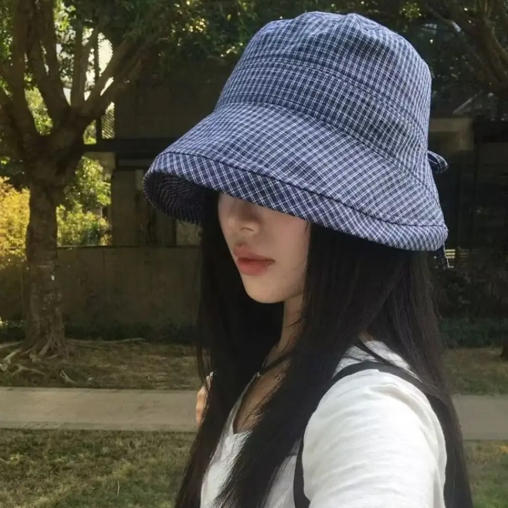 

Japanese Summer Plaid Bucket Cap Curled Quick-dry Plaid Sun Hat Bow Foldable Fisherman Caps Outdoor