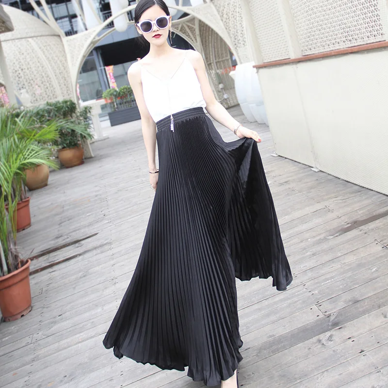 2024 Vintage Silver black skirt metal solid flared Maxi Skirt Beach Long Pleated Skirts High waist female quality women saia