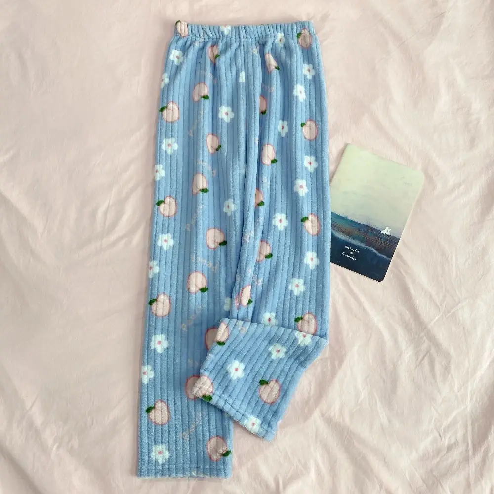 Creative Bowknot Peach Pajama Pants Loose High Waist Flower Fleece Trousers Home Clothing Sweet Coral Fleece Pants Girl