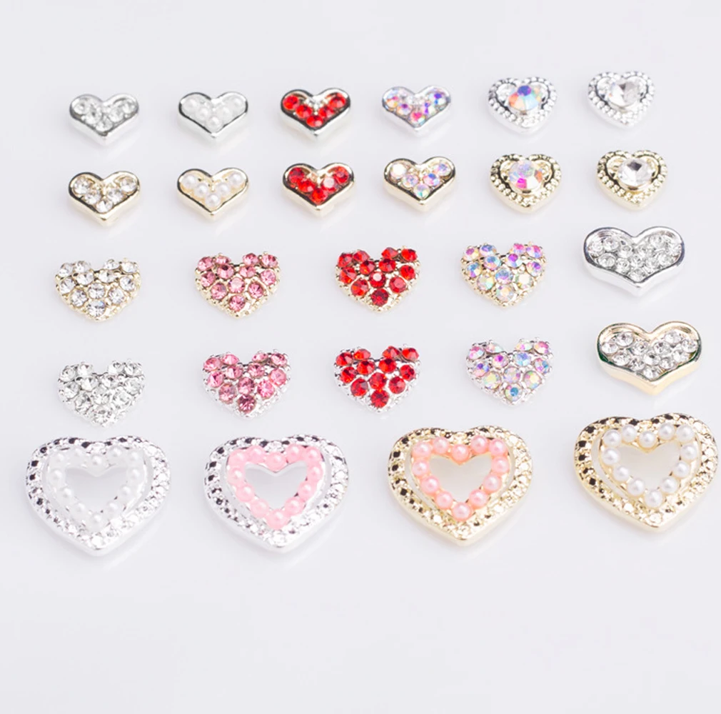 10Pcs Liefdevolle Hart Nail Art Decoraties 3D Legering Valentijnsdag Vergulden Glitter Harten Diamanten Nagel Charmes Diy Nagel levert