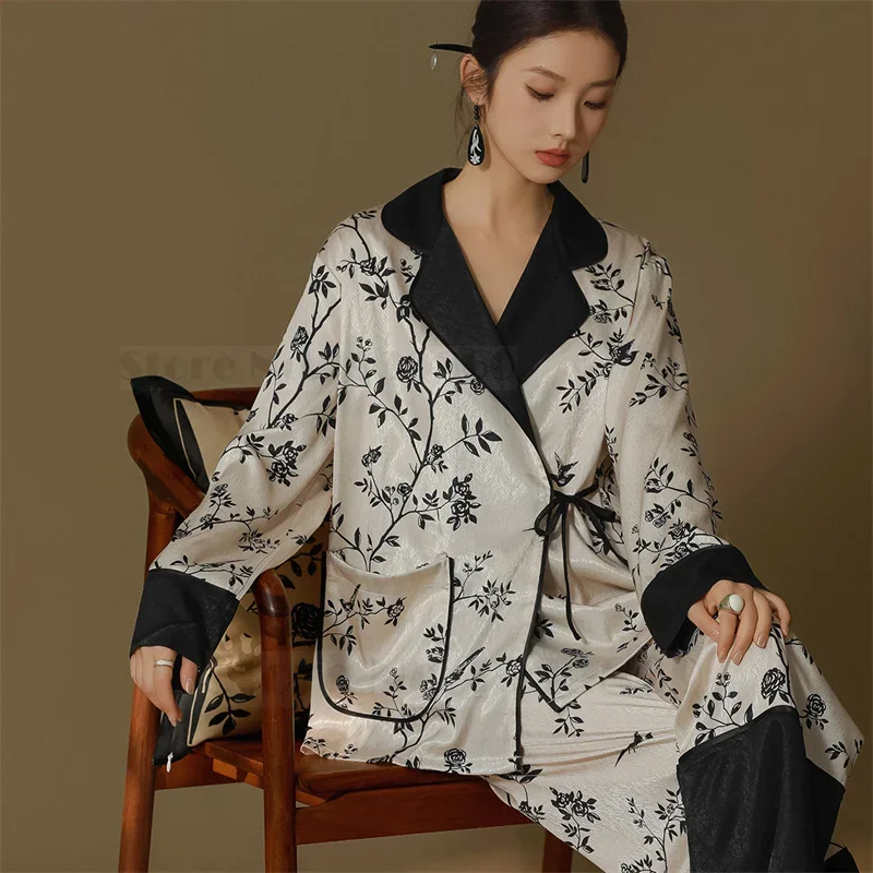 

Female Satin Sleepwear Trouser Suits New Chinese Style Pajamas Set Spring Summer Jacquard Print Flower Home Clothes Lounge Wear