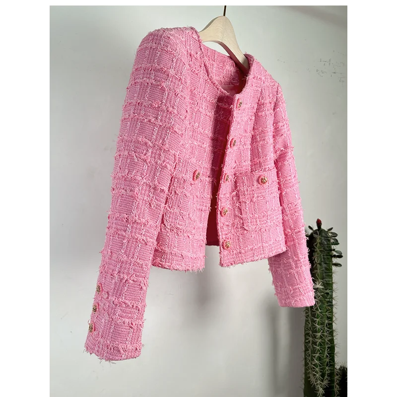 Imagem -04 - Jaqueta Feminina de Manga Comprida de Tweed Cabolsa Rosa com Gola em o Jaqueta Casual Feminina Doce Chique Coreano Azul Francês Fragrância Pequena Alta Qualidade Novo