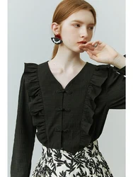 FSLE New Chinese Style Fungus Edge Shirts Women Spring Autumn Ladylike Design Sense French Elegant V-neck Female Blouses