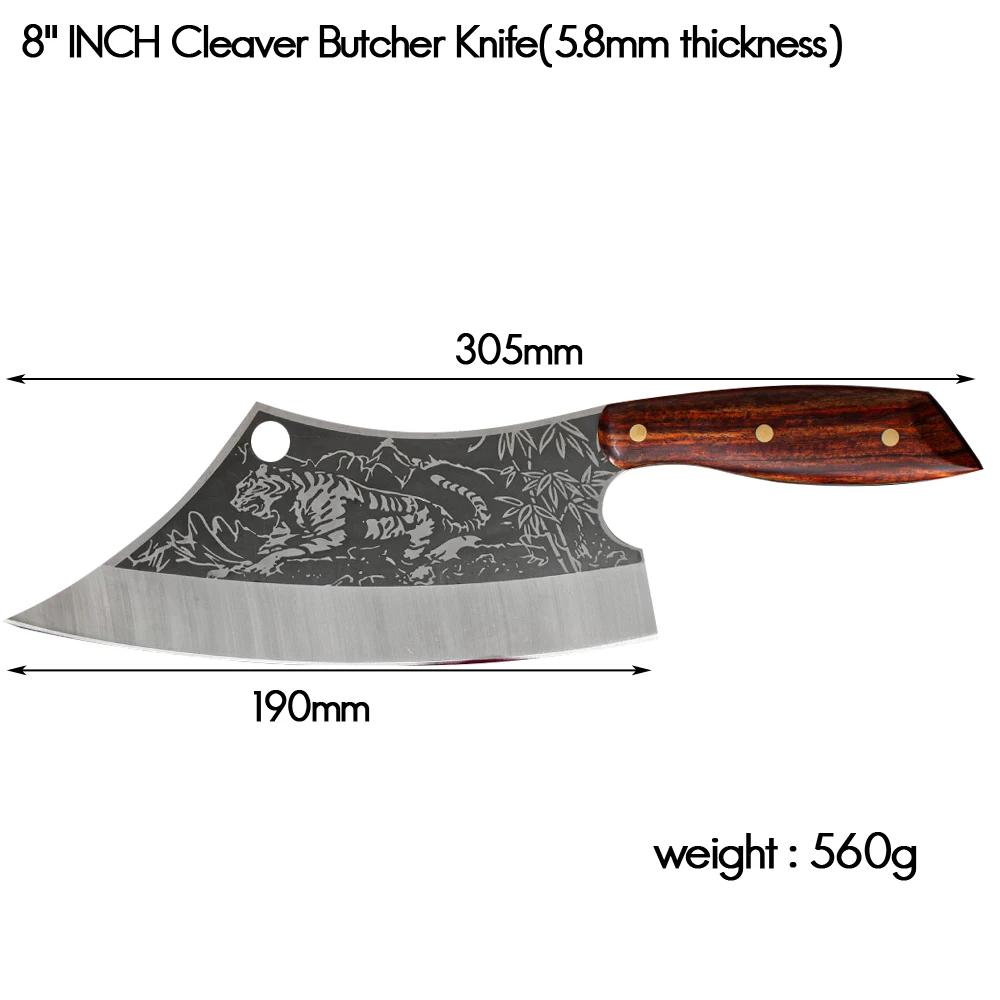 RZD Forged Steel Cleaver Bone Chopping Knife 5.8mm Thickness Knife Cover Sheath Butcher Pattern Veins Blade Hard Food Fish Tools