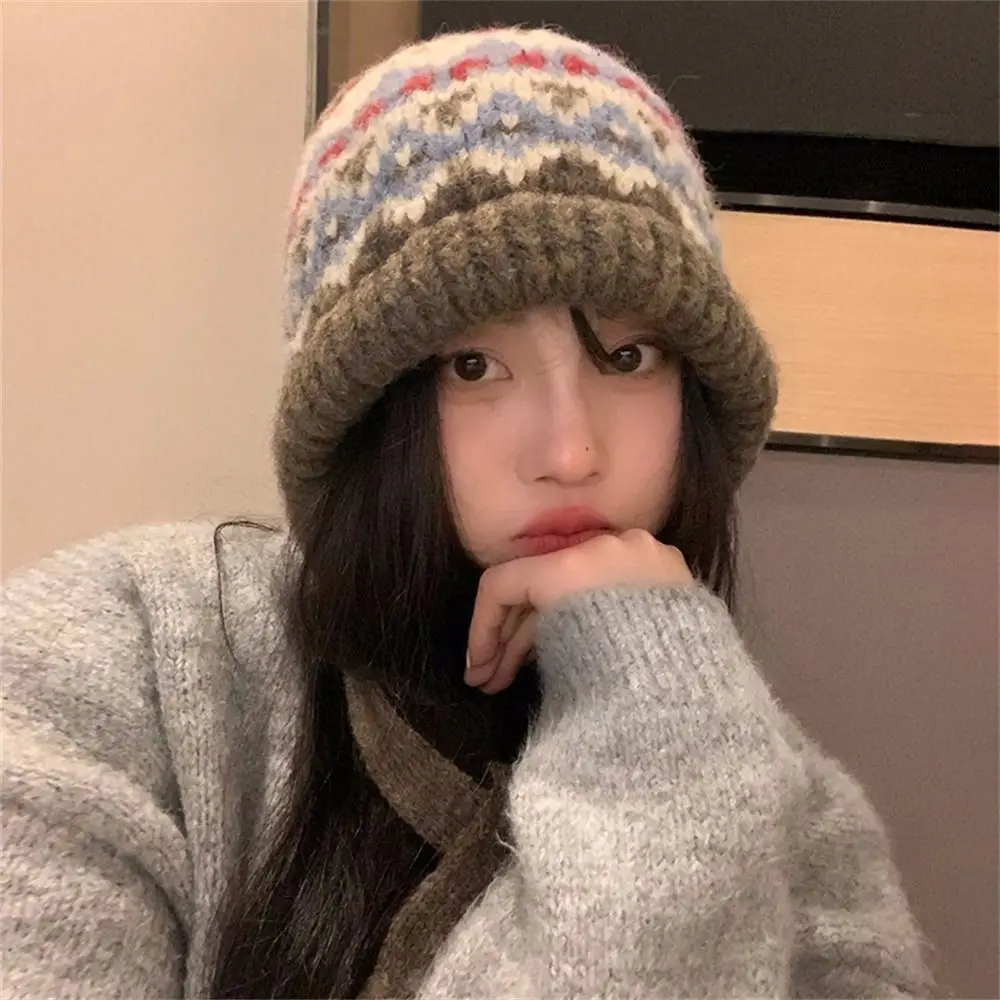 Cute With Strap Jacquard Knitting Hat Wind-Resistant Ear Protection Earmuffs Pile Cap Lace up Warm Winter Hat