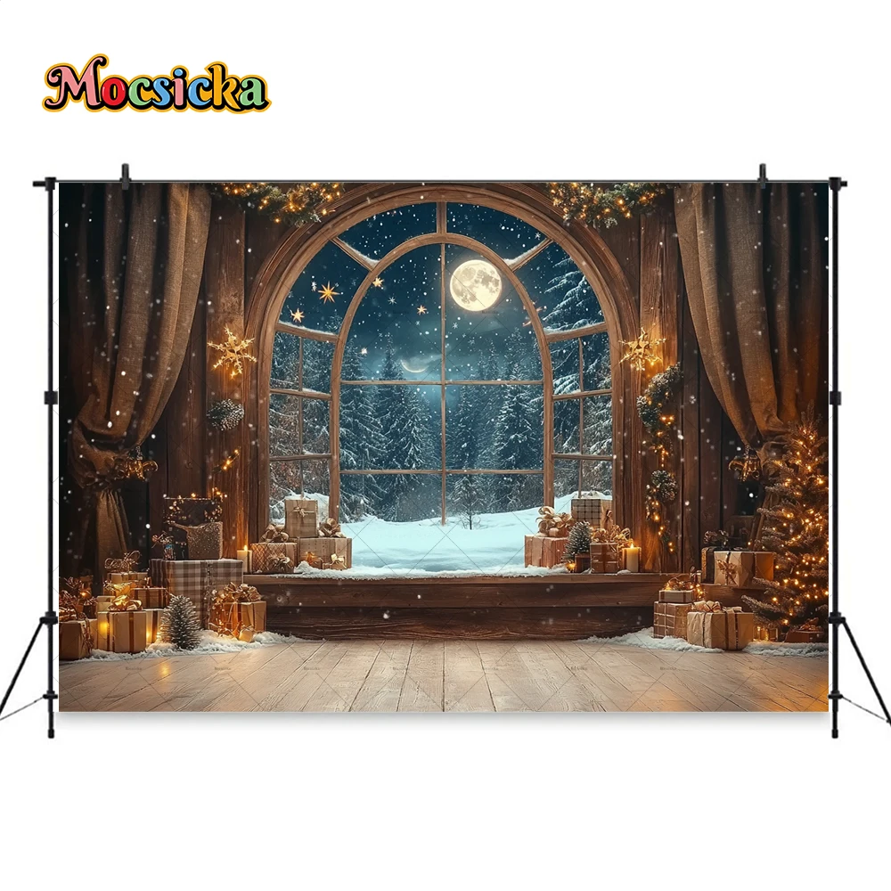 Mocsicka-خلفية التصوير الفوتوغرافي لعيد الميلاد ، خلفية نافذة خشبية ، كشك لامع نجمة القمر ، هدية للأطفال ، استوديو صور عائلي