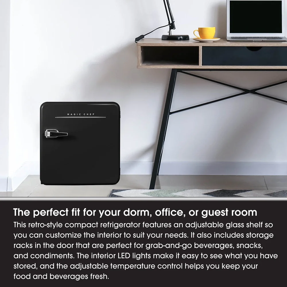 1.6 Cu Ft Retro Mini Fridge Adjustable Glass Shelf LED Light Energy Efficient Compact Refrigerator Dorm Office Kitchen