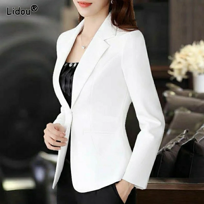 Pockets Button Skinny Notched Thin Spring Summer Solid Color Blazers Formal Office Lady Elegant Fashion Casual Women\'s Clothing