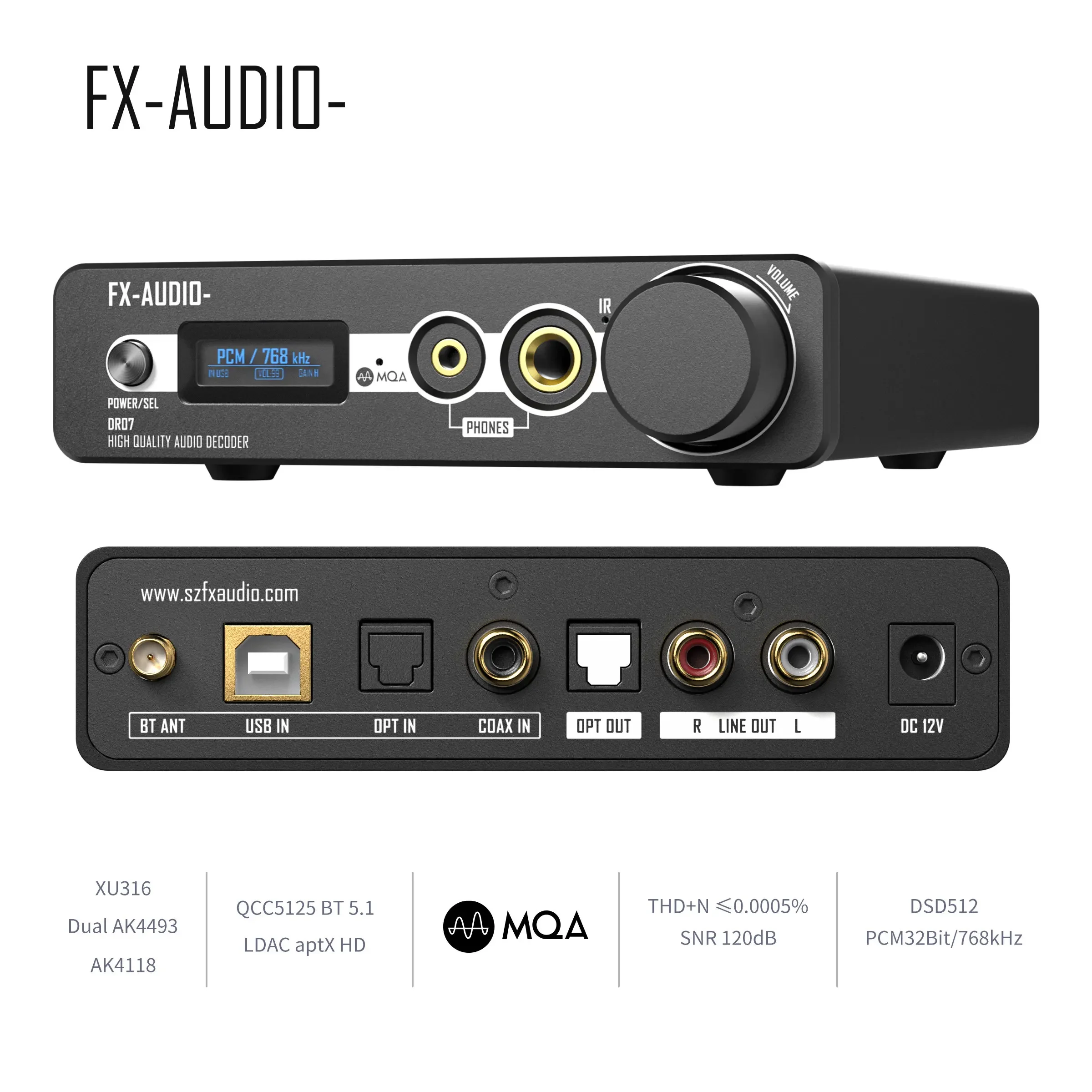 FX-AUDIO DR07 Dual AK4493 DAC All-in-One Amplificador de fone de ouvido Bluetooth 5.1 DSD512 PCM 768kHz/32Bit DAC/AMP com controle remoto