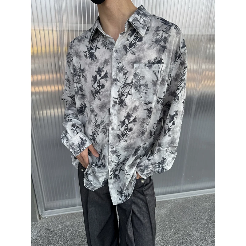 

SYUHGFA 2024 Men Wear Men's Shirts Korean Style Printing Long Sleeve Shirt Trendy Male Tops Lapel Autumn New Fashion