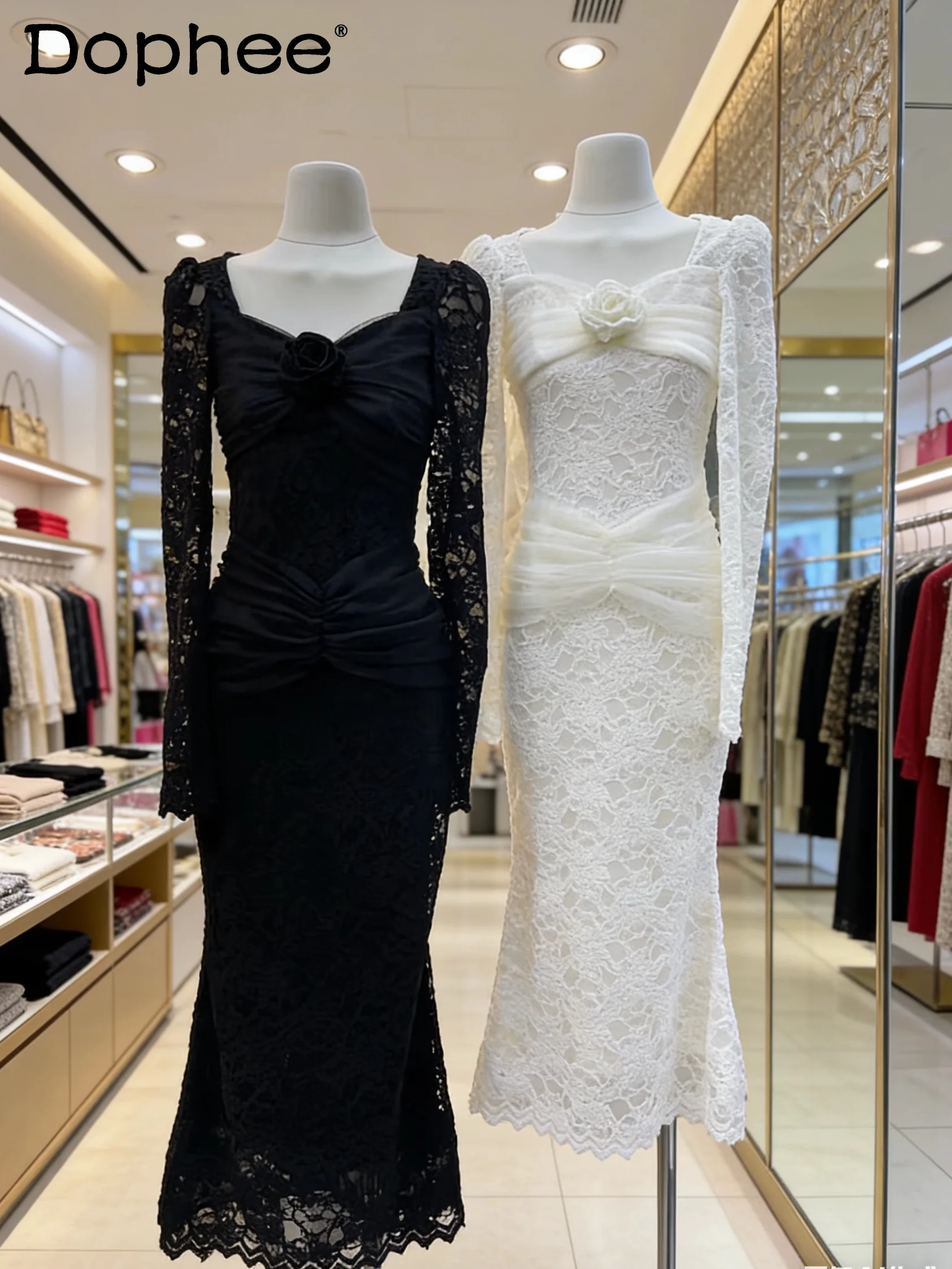 

French Retro Lace Dress Women's 2026 New High-end Temperament Waist and Thin Long-sleeved Hip-wrapped Dress
