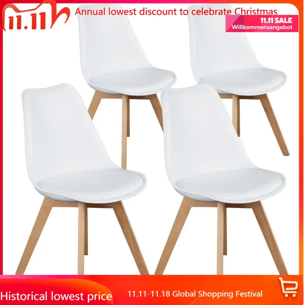 

Set of 4 Dining Kitchen Mid-Century Modern Chairs with Wood Legs and PU Leather Cushion for Living Room Bedroom Outdoor Lounge