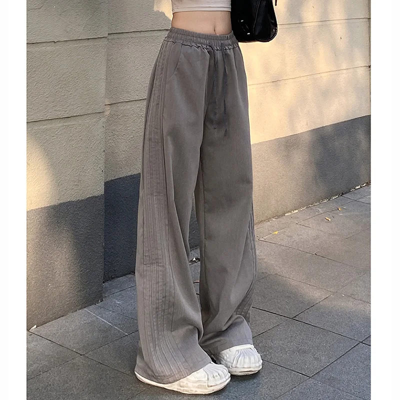 Women Fashion Side Stripes 2024 Suit Pants Lady Elastic High Waist Wide Leg Trousers Female Vintage Straight Leg Designer Slacks