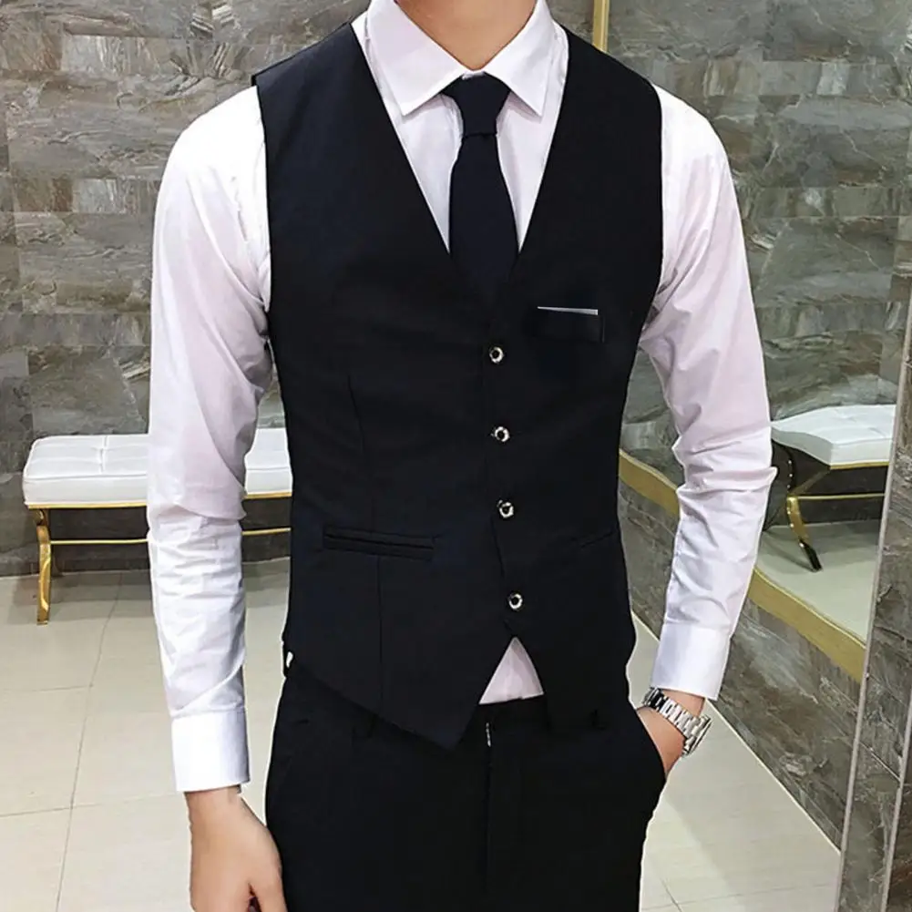 

M - 5XL Men Vest Solid Color Single-breasted V Neck Sleeveless Formal Autumn Gentlemen Business Waistcoat for Wedding Groomman