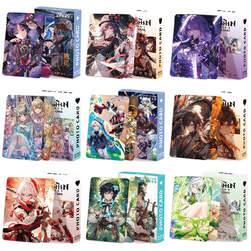 55PCS/Set Anime Genshin Impact Laser Glitter Photocard HD Printed Cards Lomo Card Xiao Kaedehara Kazuha HuTao Fans Collection