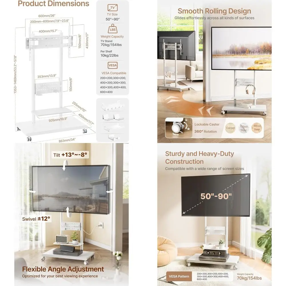 

Регулируемая поворотная подставка для телевизора для экранов 50-90 дюймов, грузоподъемность до 198 фунтов, с местом для хранения, VESA 600x400, белый цвет