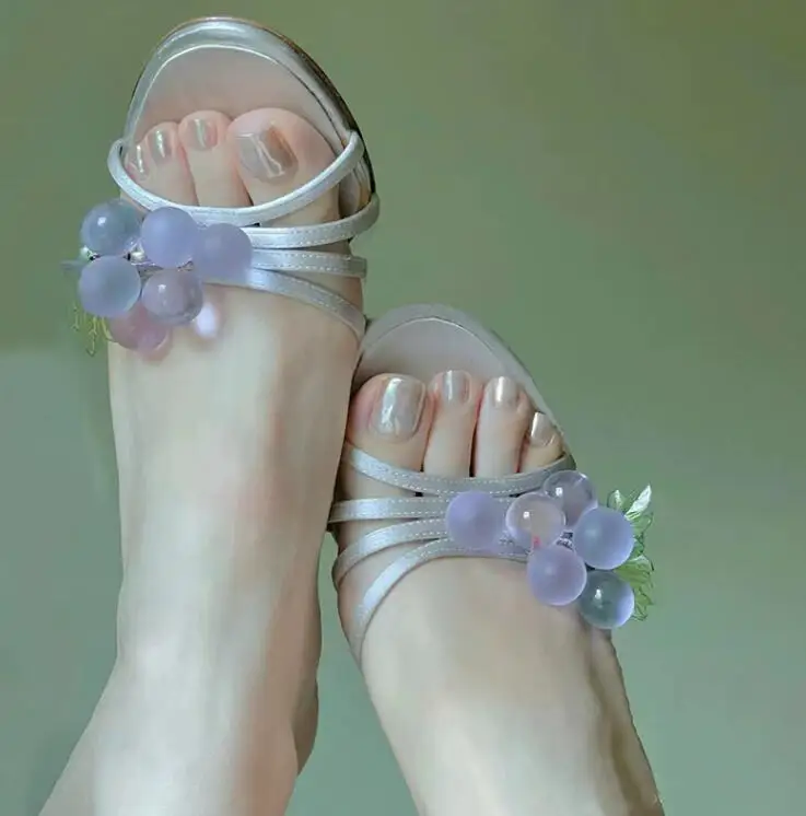 Fresh Purple Blue Grapes Peep Toe Slipper Sandals Women Sliver Silk Straps 6.5cm Thin High Heels Sandalias Shoes