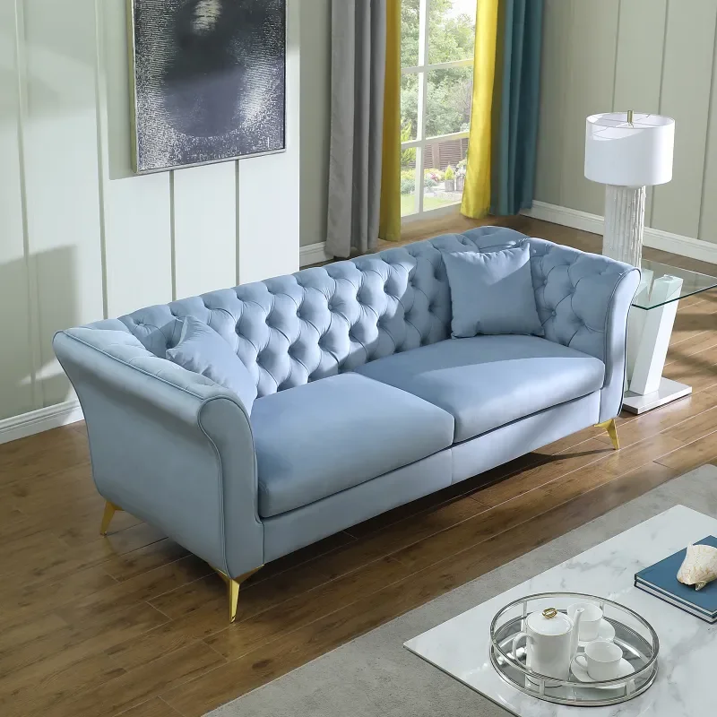 Stanford Sofa ,  Chesterfield Sofa ,Teal Blue , Tufted And Wrinkled Fabric Sofa，Tufted Sofa With Scroll Arm