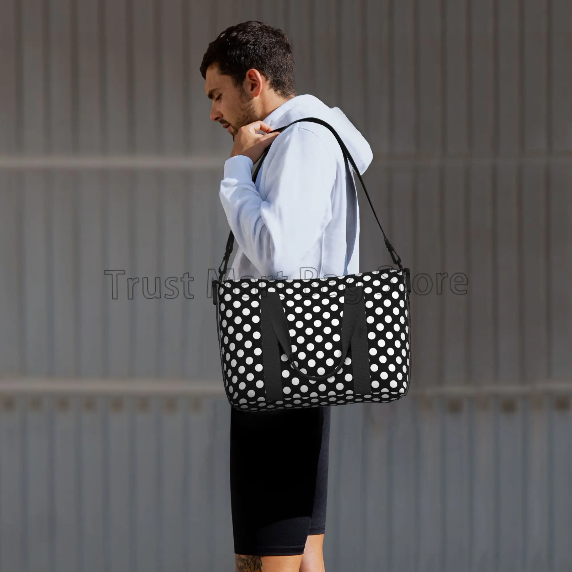 Sacs de sport de voyage à pois noirs et blancs, sac de week-end pliable, sac fourre-tout étanche, sacs de nuit pour femmes et hommes